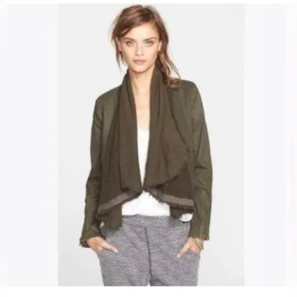 Free People Olive Green Drape Knit Coated Denim Moto Boho Fall Jacket Size 2 - Picture 2 of 9